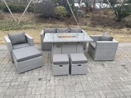 Fimous Rattan Fire Pit Garden Furniture Set Gas Heater Burner Chairs in Light Grey - thumbnail 4