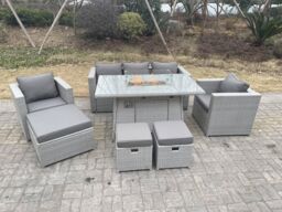 Fimous Rattan Fire Pit Garden Furniture Set Gas Heater Burner Chairs in Light Grey - thumbnail 3