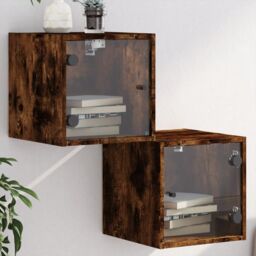 Berkfield Home Bedside Cabinets with Glass Doors 2 pcs Smoked Oak 35x37x35 cm in Brown - Size: 35 x 37 x 35 cm