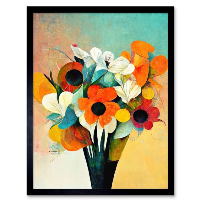 "Artery8 Wall Art Print Modern Abstract Oil Paint Vibrant Summer Flower Bouquet In Vase Art Framed in Black - Size: W12"" x H16""" - image 1