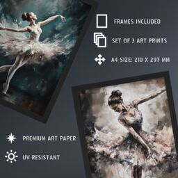 Artery8 A4 Wall Art & Frame Set of 3 Graceful Ballerinas Dancing Poses in Grey - thumbnail 3