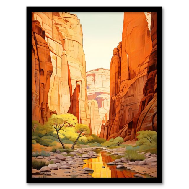 "Artery8 Wall Art Print Zion National Park Canyon Artwork Amber Orange Green Bright Sunlit Narrows Gorge Art Framed in Black - Size: W12"" x H16""" - image 1