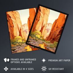 "Artery8 Wall Art Print Zion National Park Canyon Artwork Amber Orange Green Bright Sunlit Narrows Gorge Art Framed in Black - Size: W12"" x H16""" - thumbnail 2