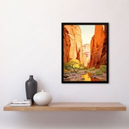 "Artery8 Wall Art Print Zion National Park Canyon Artwork Amber Orange Green Bright Sunlit Narrows Gorge Art Framed in Black - Size: W12"" x H16""" - thumbnail 4