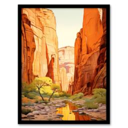 "Artery8 Wall Art Print Zion National Park Canyon Artwork Amber Orange Green Bright Sunlit Narrows Gorge Art Framed in Black - Size: W12"" x H16""" - thumbnail 1