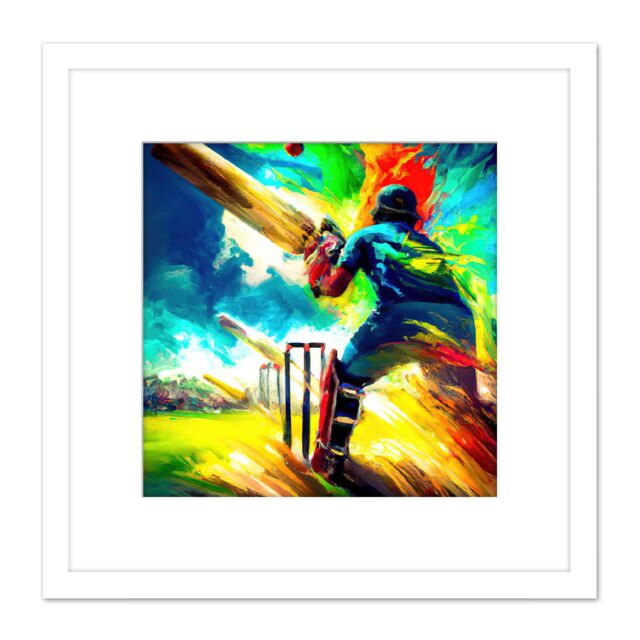 Artery8 Summer Sky Cricket Vibrant Batsman Wicket Bowled Oil Painting Square Wooden Framed Wall Art Print Picture 8X8 Inch in White - image 1