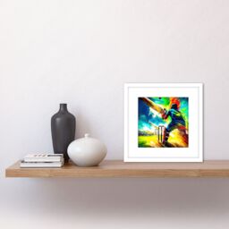 Artery8 Summer Sky Cricket Vibrant Batsman Wicket Bowled Oil Painting Square Wooden Framed Wall Art Print Picture 8X8 Inch in White - thumbnail 2