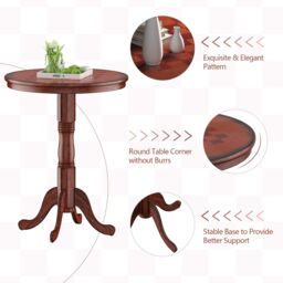 Costway Round Pub Pedestal Side Table w/ Stable Base Wooden Dining Table in Dark Brown - thumbnail 5