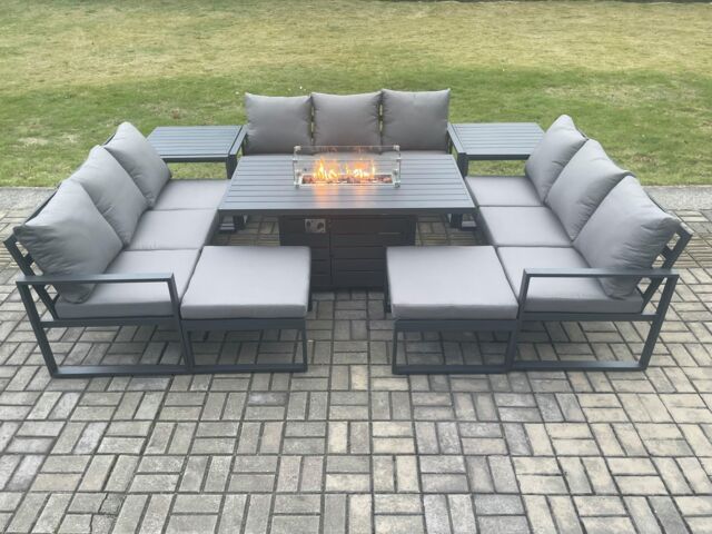 Fimous Aluminium 11 Seater Garden Furniture Outdoor Set Patio Lounge Sofa Gas Fire Pit Dining Table Set with 2 Big Footstools in Dark Grey - image 1