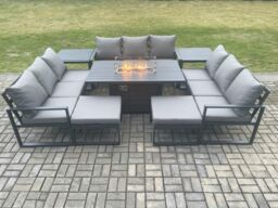 Fimous Aluminium 11 Seater Garden Furniture Outdoor Set Patio Lounge Sofa Gas Fire Pit Dining Table Set with 2 Big Footstools in Dark Grey - thumbnail 1