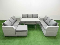 Fimous PE Rattan Lounge Sofa Set 10 Seater Outdoor Garden Furniture Set w/ Rectangular Dining Table 3 Seater Sofa Big Footstool 2 Side Table Light - thumbnail 1