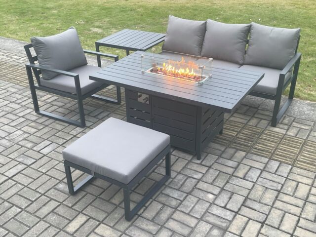 Fimous Aluminium 5 Pieces Garden Furniture Sofa Set with Cushions Gas Fire Pit Dining Table Set with Side Table Big Footstool Dark Grey - image 1