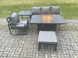 Fimous Aluminium 5 Pieces Garden Furniture Sofa Set with Cushions Gas Fire Pit Dining Table Set with Side Table Big Footstool Dark Grey - thumbnail 2