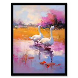 Artery8 Wall Art Print Wild Geese Pastel Colour Oil Painting Framed Picture in Purple - Size: A4 - thumbnail 1