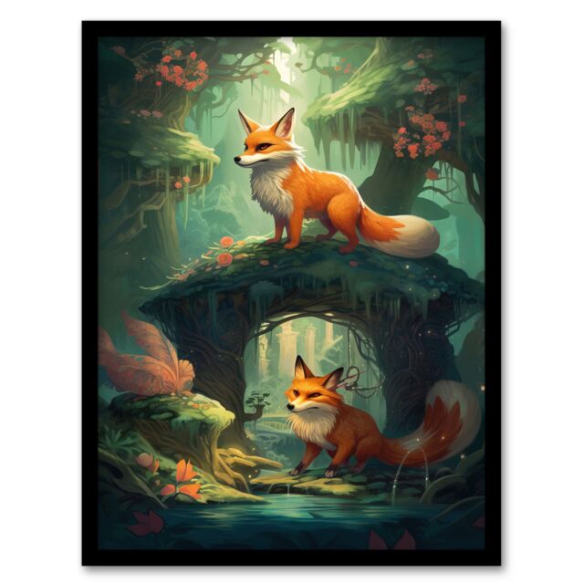 Artery8 Wall Art Print Kitsune Fox Spirits Painting Spring Blooms & Mythical Creatures in an Enchanted Forest Landscape Art Framed in Green - Size: A4 - image 1