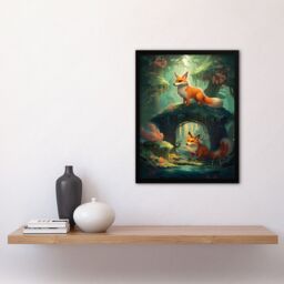 Artery8 Wall Art Print Kitsune Fox Spirits Painting Spring Blooms & Mythical Creatures in an Enchanted Forest Landscape Art Framed in Green - Size: A4 - thumbnail 4