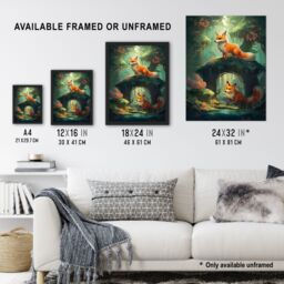 Artery8 Wall Art Print Kitsune Fox Spirits Painting Spring Blooms & Mythical Creatures in an Enchanted Forest Landscape Art Framed in Green - Size: A4 - thumbnail 3
