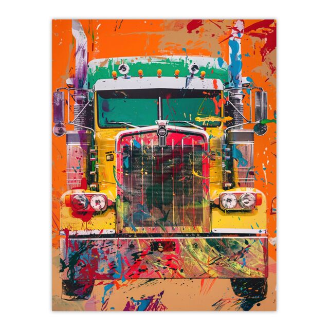 "Artery8 Colourful Truck Lorry Front Hippy Trippy Trucker Wall Art Print in Orange - Size: W24"" x H32""" - image 1