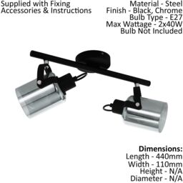 Loops Flush Ceiling Light Black Chrome Shade Black Glass Vaporized Bulb E27 2x40W - thumbnail 2