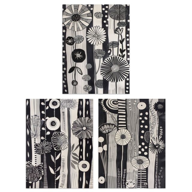 "Artery8 Set of 3 Black White Pattern Folk Art Flowers A4 Size Wall Art Prints in Light Grey - Size: W12"" x H16""" - image 1