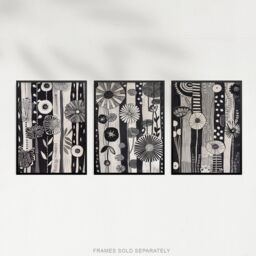 "Artery8 Set of 3 Black White Pattern Folk Art Flowers A4 Size Wall Art Prints in Light Grey - Size: W12"" x H16""" - thumbnail 5