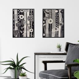 "Artery8 Set of 3 Black White Pattern Folk Art Flowers A4 Size Wall Art Prints in Light Grey - Size: W12"" x H16""" - thumbnail 6