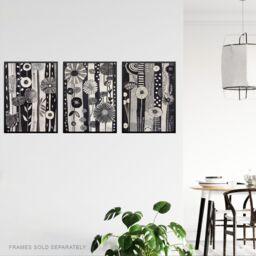 "Artery8 Set of 3 Black White Pattern Folk Art Flowers A4 Size Wall Art Prints in Light Grey - Size: W12"" x H16""" - thumbnail 3