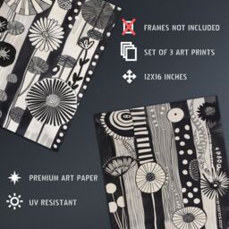 "Artery8 Set of 3 Black White Pattern Folk Art Flowers A4 Size Wall Art Prints in Light Grey - Size: W12"" x H16""" - thumbnail 4