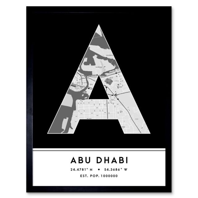 "Wee Blue Coo Wall Art Print Abu Dhabi United Arab Emirates City Map Modern Typography Stylish Letter Framed Word in Black - Size: W12"" x H16""" - image 1