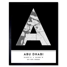 "Wee Blue Coo Wall Art Print Abu Dhabi United Arab Emirates City Map Modern Typography Stylish Letter Framed Word in Black - Size: W12"" x H16""" - thumbnail 1