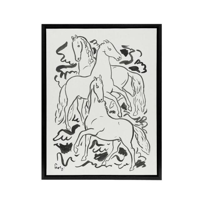 "Artery8 Three Horses Ink Drawing Leo Gestel Black Framed Canvas Wall Art Print in White - Size: W12"" x H16""" - image 1