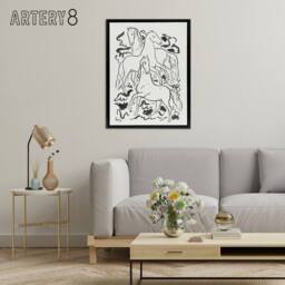 "Artery8 Three Horses Ink Drawing Leo Gestel Black Framed Canvas Wall Art Print in White - Size: W12"" x H16""" - thumbnail 3
