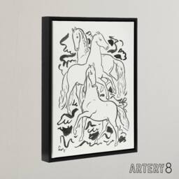 "Artery8 Three Horses Ink Drawing Leo Gestel Black Framed Canvas Wall Art Print in White - Size: W12"" x H16""" - thumbnail 2