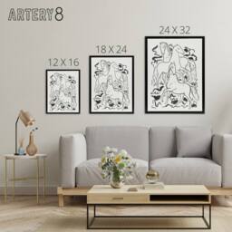 "Artery8 Three Horses Ink Drawing Leo Gestel Black Framed Canvas Wall Art Print in White - Size: W12"" x H16""" - thumbnail 4