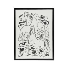 "Artery8 Three Horses Ink Drawing Leo Gestel Black Framed Canvas Wall Art Print in White - Size: W12"" x H16""" - thumbnail 1