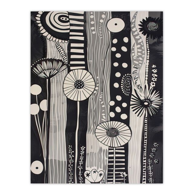 "Artery8 Black White Abstract Stripes Wildflowers Artwork Wall Art Print in Grey - Size: W18"" x H24""" - image 1