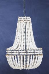 Orsina White Grey Boho Chandelier, Wooden Beaded Hanging Ceiling Light, Basket Drop Handmade Pendant, Light Fixture - thumbnail 5