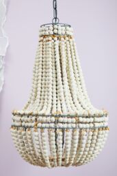 Orsina White Grey Boho Chandelier, Wooden Beaded Hanging Ceiling Light, Basket Drop Handmade Pendant, Light Fixture - thumbnail 4