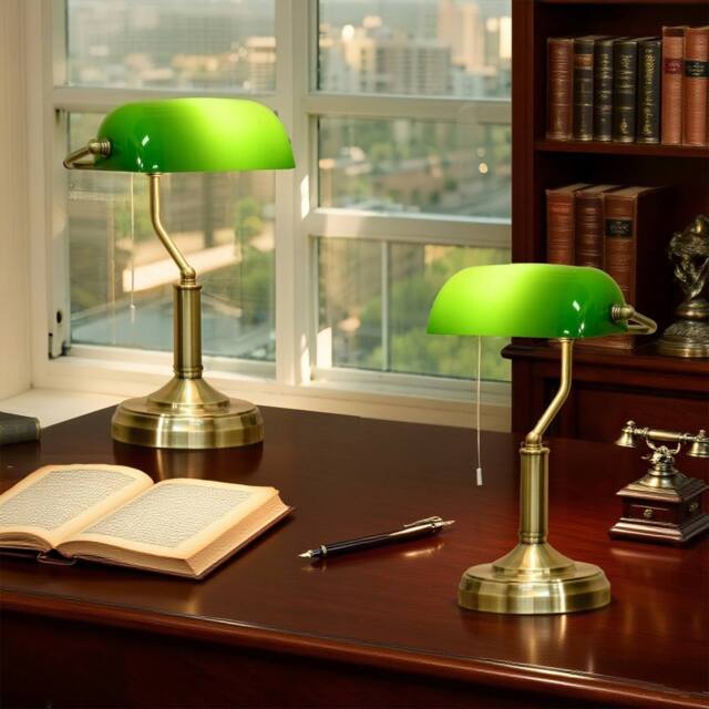 HOMCOM Banker's Table Lamps Set of 2 with Antique Bronze Tone Base, Green - image 1