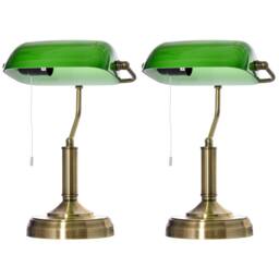 HOMCOM Banker's Table Lamps Set of 2 with Antique Bronze Tone Base, Green - thumbnail 2