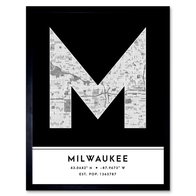 "Wee Blue Coo Wall Art Print Milwaukee Wisconsin United States City Map Modern Typography Stylish Letter Framed Word in Black - Size: W12"" x H16""" - image 1