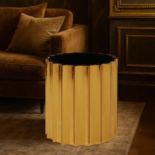 Orsina Black Glass & Titanium Round Side Table, Ribbed Design with Glossy Black Top, Metallic Table for Living Room in Gold - image 1