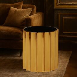 Orsina Black Glass & Titanium Round Side Table, Ribbed Design with Glossy Black Top, Metallic Table for Living Room in Gold - thumbnail 1