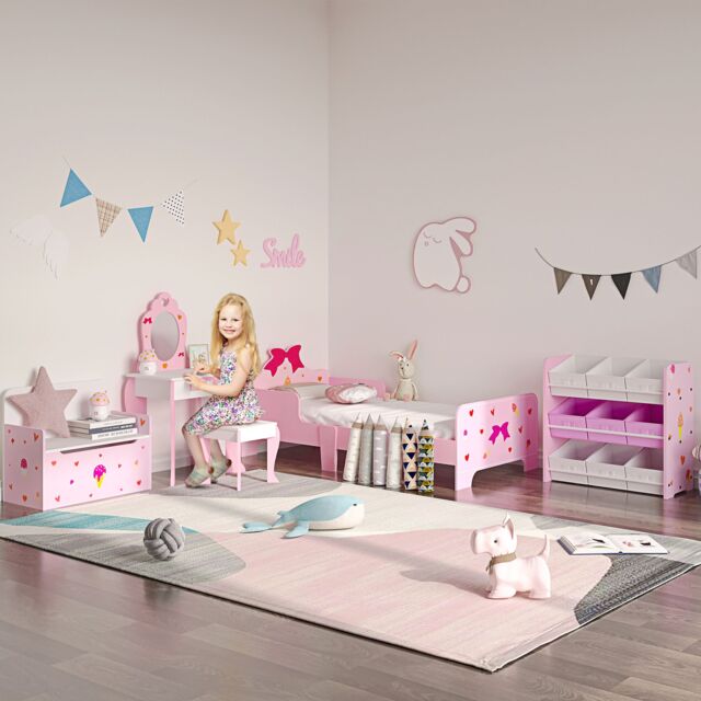 ZONEKIZ Kids Dressing Table with Mirror, Stool, Drawer, Cute Patterns - Pink - image 1