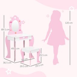 ZONEKIZ Kids Dressing Table with Mirror, Stool, Drawer, Cute Patterns - Pink - thumbnail 3