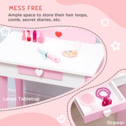 ZONEKIZ Kids Dressing Table with Mirror, Stool, Drawer, Cute Patterns - Pink - thumbnail 6