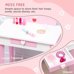 ZONEKIZ Kids Dressing Table with Mirror, Stool, Drawer, Cute Patterns - Pink - thumbnail 5