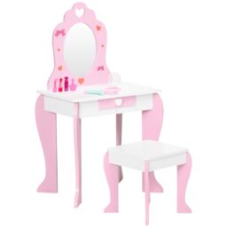 ZONEKIZ Kids Dressing Table with Mirror, Stool, Drawer, Cute Patterns - Pink - thumbnail 2