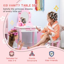 ZONEKIZ Kids Dressing Table with Mirror, Stool, Drawer, Cute Patterns - Pink - thumbnail 4