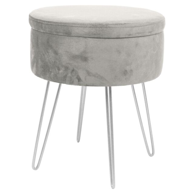 Harbour Housewares Round Velvet Storage Footstool - H45 x D36cm - Silver Legs in Grey - image 1